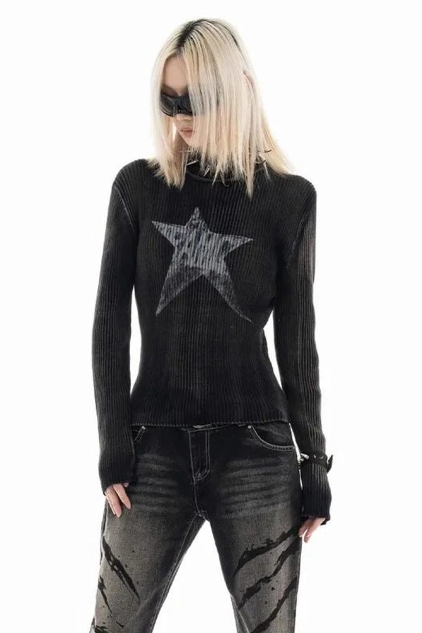 Cosmic Grunge Star Sweater: Y2K Aesthetic with a Touch of Coquette Style