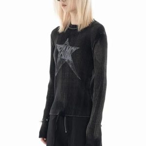 Cosmic Grunge Star Sweater: Y2K Aesthetic with a Touch of Coquette Style