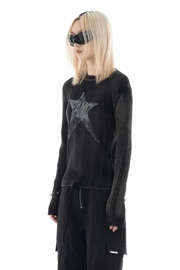 Cosmic Grunge Star Sweater: Y2K Aesthetic with a Touch of Coquette Style