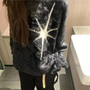 Cosmic Starburst Fuzzy Sweater - Y2K Aesthetic Cute Top for Fall