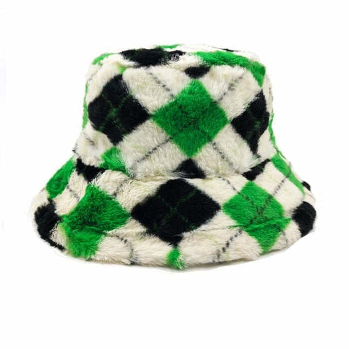 Cozy Argyle Check Fluffy Bucket Hat for Y2K and Grunge Aesthetic Lovers