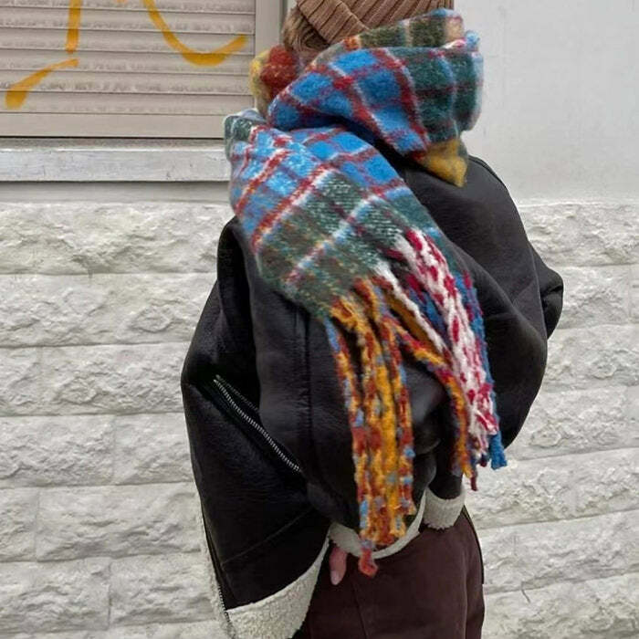 Cozy Autumn Vibes Plaid Wool Scarf for Y2K and Grunge Aesthetic Styles