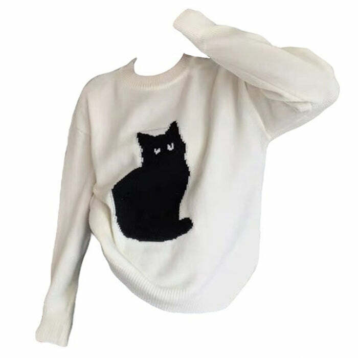 Cozy Black Cat Aesthetic Sweater for Y2K and Grunge Style Lovers