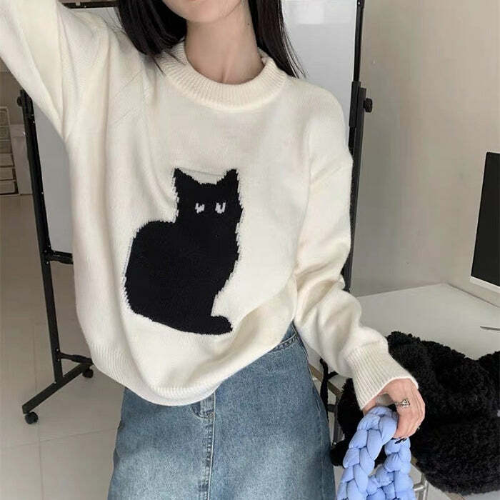 Cozy Black Cat Aesthetic Sweater for Y2K and Grunge Style Lovers