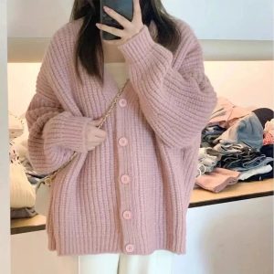 Cozy Blush Chunky Cardigan for Y2K Aesthetic and Fall Fashion