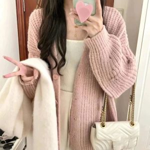 Cozy Blush Chunky Cardigan for Y2K Aesthetic and Fall Fashion