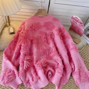 Cozy Blush Petal Textured Sweater for Y2K Aesthetic Outfits