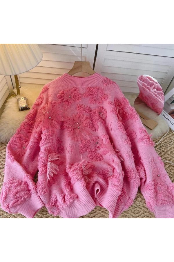 Cozy Blush Petal Textured Sweater for Y2K Aesthetic Outfits