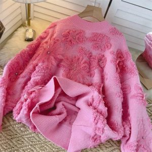 Cozy Blush Petal Textured Sweater for Y2K Aesthetic Outfits