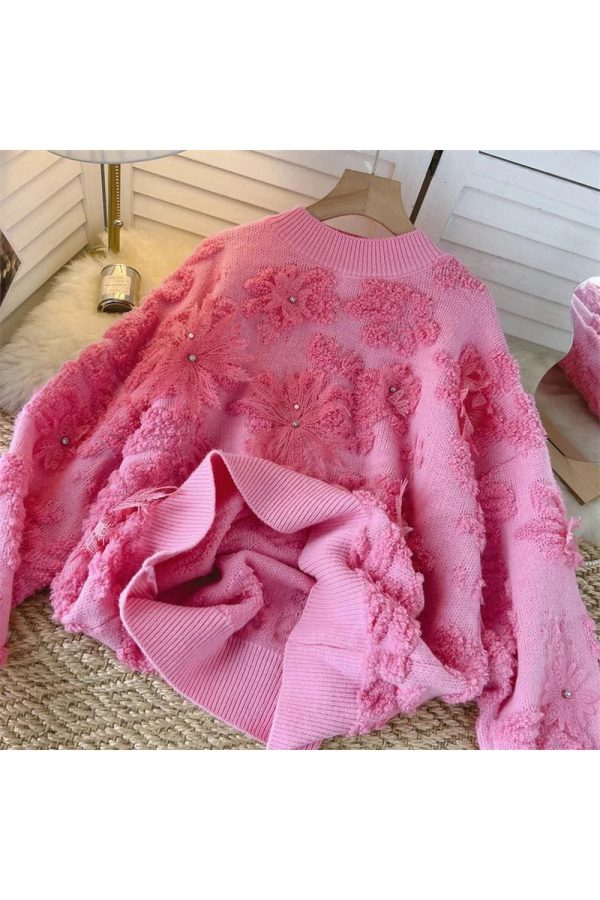 Cozy Blush Petal Textured Sweater for Y2K Aesthetic Outfits