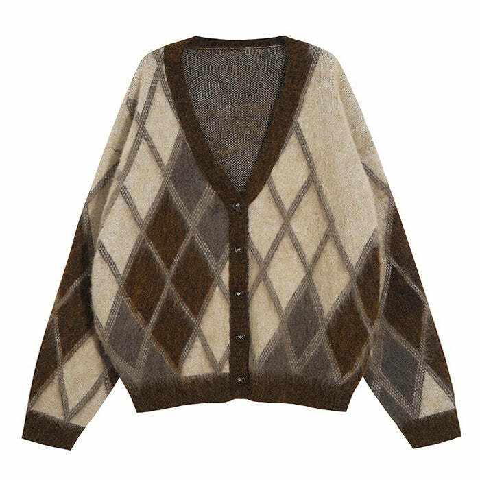 Cozy Brown Argyle Fuzzy Cardigan for Y2K Aesthetic Outfits