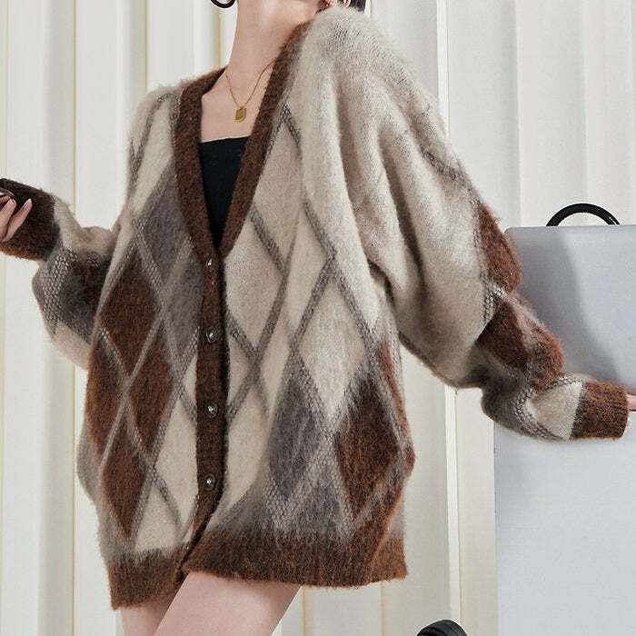 Cozy Brown Argyle Fuzzy Cardigan for Y2K Aesthetic Outfits