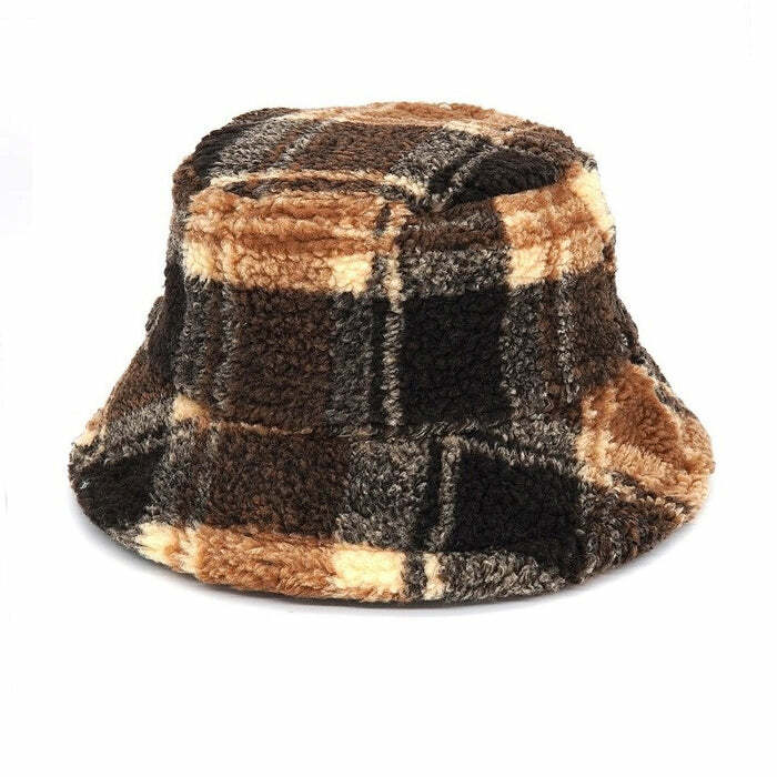 Cozy Brown Plaid Fuzzy Bucket Hat for Y2K and Grunge Aesthetic Lovers