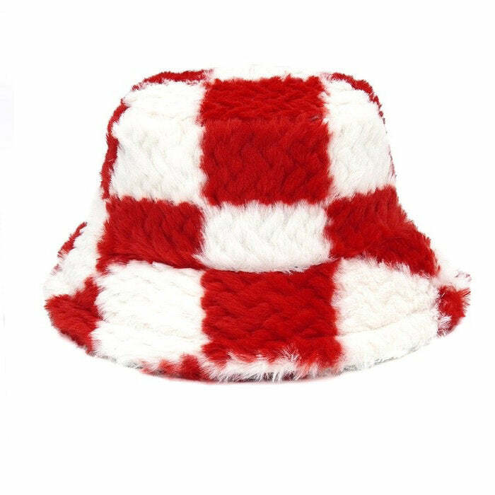 Cozy Checkered Fuzzy Bucket Hat for Y2K and Grunge Aesthetic Styles