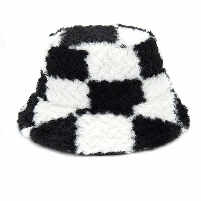 Cozy Checkered Fuzzy Bucket Hat for Y2K and Grunge Aesthetic Styles