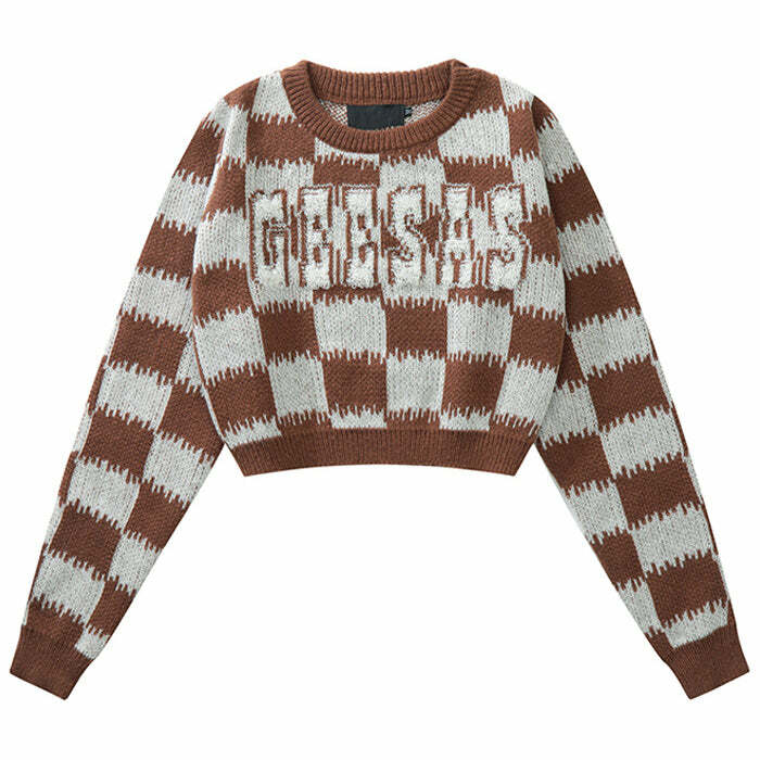 Cozy Checkered Fuzzy Crop Sweater for Y2K and Grunge Aesthetic Lovers