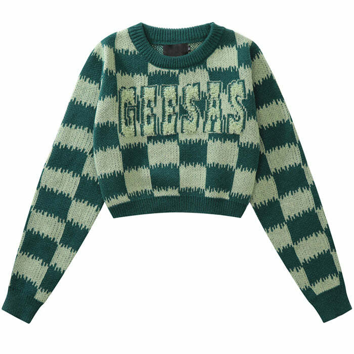 Cozy Checkered Fuzzy Crop Sweater for Y2K and Grunge Aesthetic Lovers