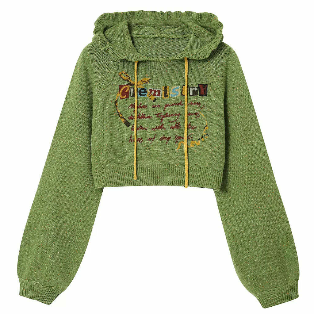 Cozy Chemistry Knit Cropped Hoodie in Y2K Style for Aesthetic Outfits