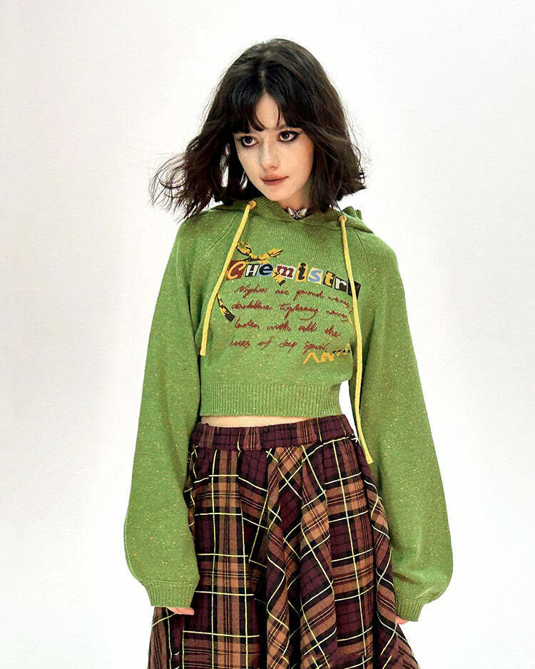 Cozy Chemistry Knit Cropped Hoodie in Y2K Style for Aesthetic Outfits