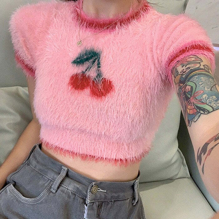 Cozy Cherry Fuzzy Crop Top for Y2K Aesthetic and Cute Outfits