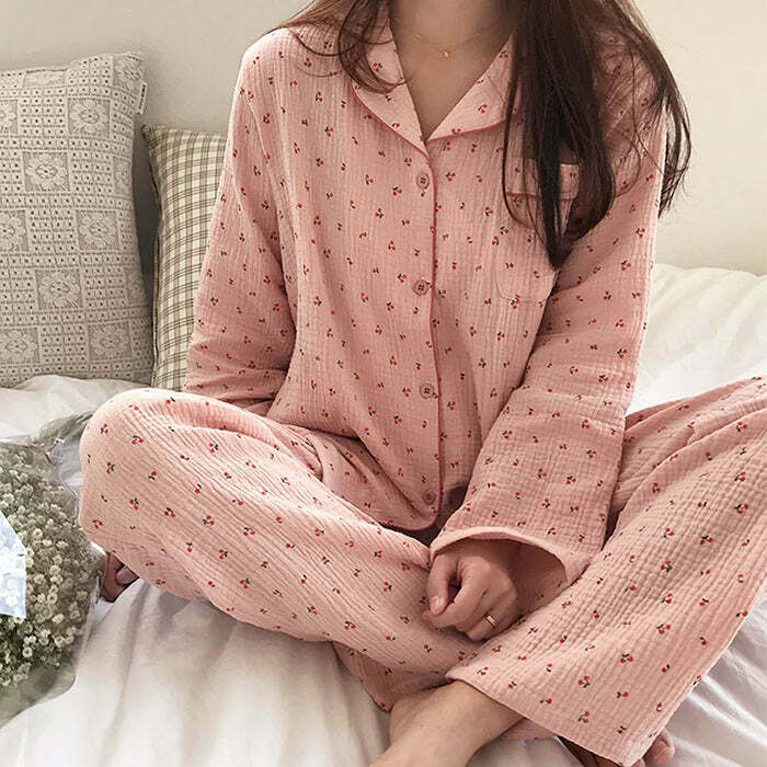 Cozy Cherry Pajama Set in Y2K Style for Cute Aesthetic Nights