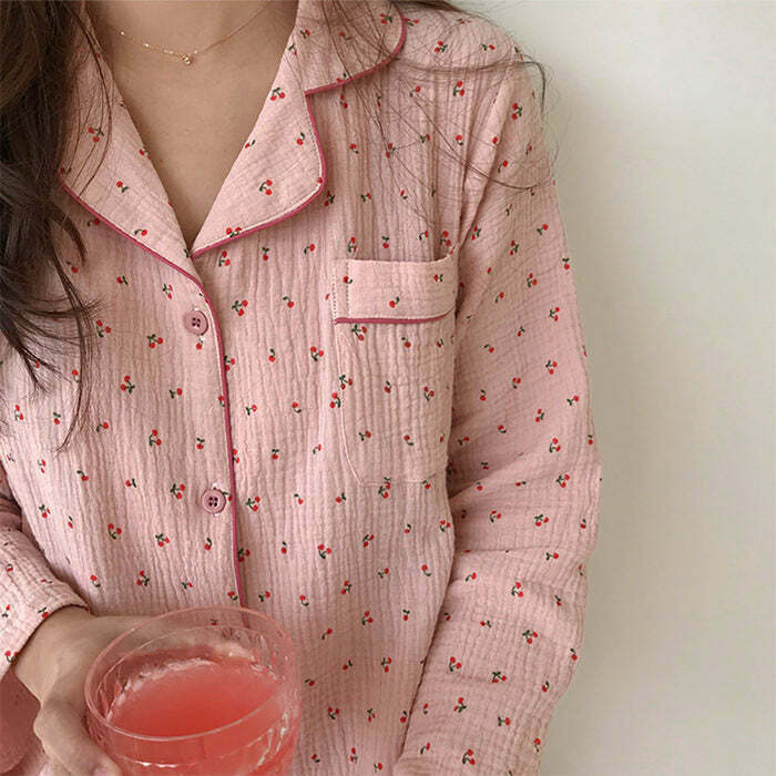 Cozy Cherry Pajama Set in Y2K Style for Cute Aesthetic Nights