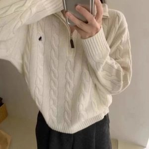 Cozy Classic Cable Knit Zip Sweater for Y2K and Grunge Aesthetic Lovers