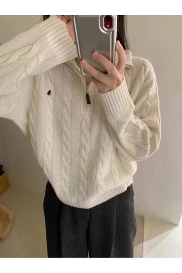 Cozy Classic Cable Knit Zip Sweater for Y2K and Grunge Aesthetic Lovers