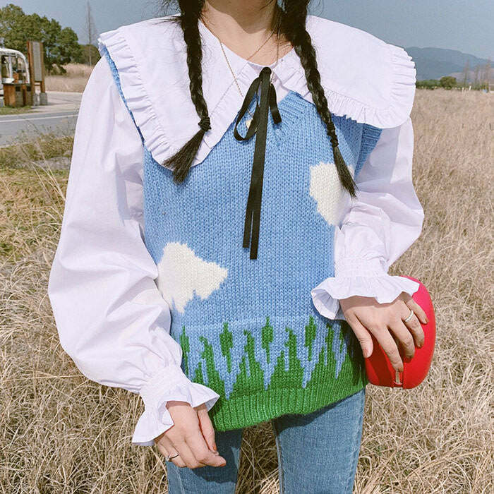 Cozy Cloud Knit Vest for Y2K Aesthetic and Grunge Style Outfits