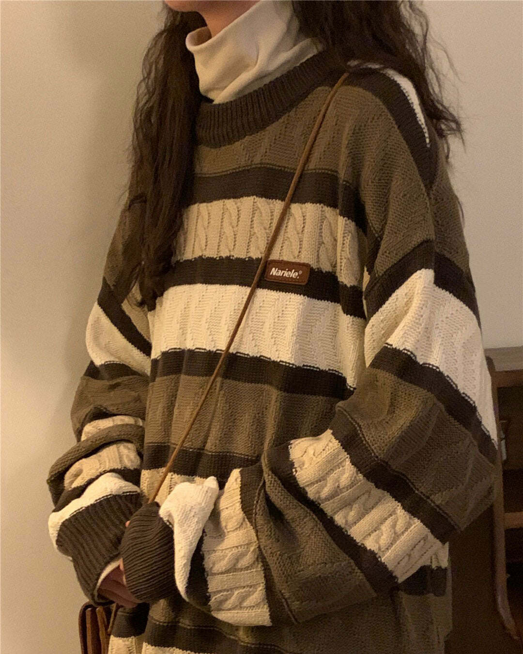 Cozy Coffee Cream Striped Oversize Sweater for Y2K Aesthetic Vibes