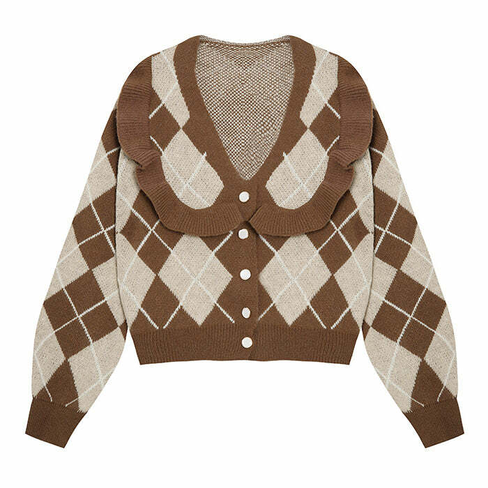 Cozy Coffee Time Argyle Cardigan for Y2K and Preppy Aesthetic Lovers