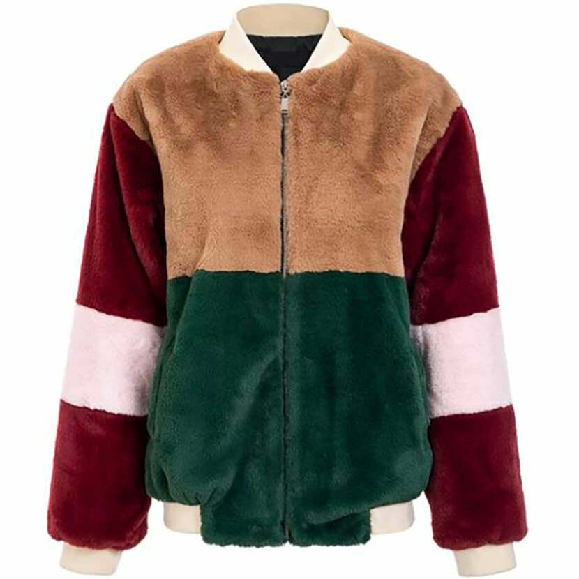 Cozy Color Block Fuzzy Jacket for Y2K Aesthetic and Grunge Style