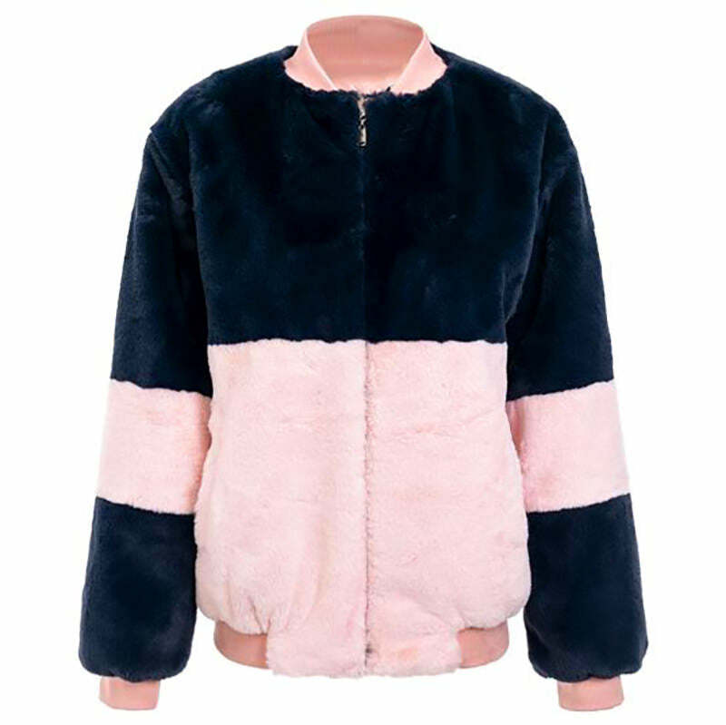 Cozy Color Block Fuzzy Jacket for Y2K Aesthetic and Grunge Style