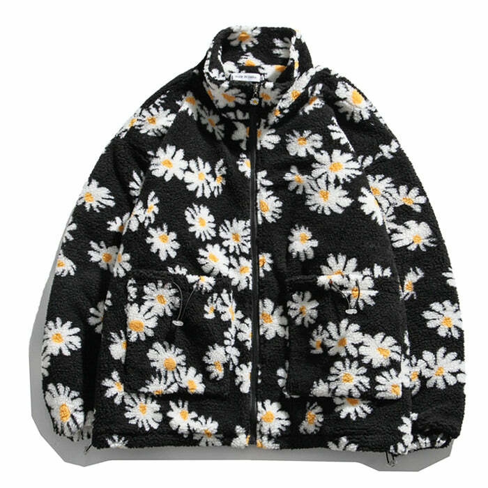 Cozy Daisy Fuzzy Jacket for Y2K Aesthetic and Grunge Style Lovers