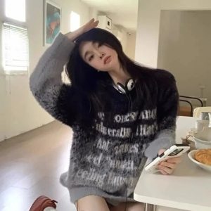 Cozy Faded Verse Fuzzy Sweater for Y2K Aesthetic and Grunge Style