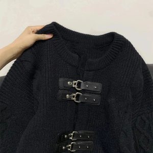 Cozy Fall Buckled Cable Knit Cropped Sweater for Y2K Aesthetic Style