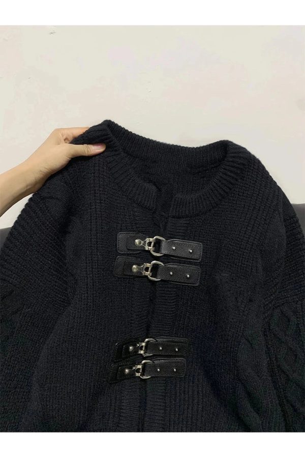 Cozy Fall Buckled Cable Knit Cropped Sweater for Y2K Aesthetic Style