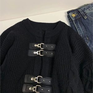 Cozy Fall Buckled Cable Knit Cropped Sweater for Y2K Aesthetic Style