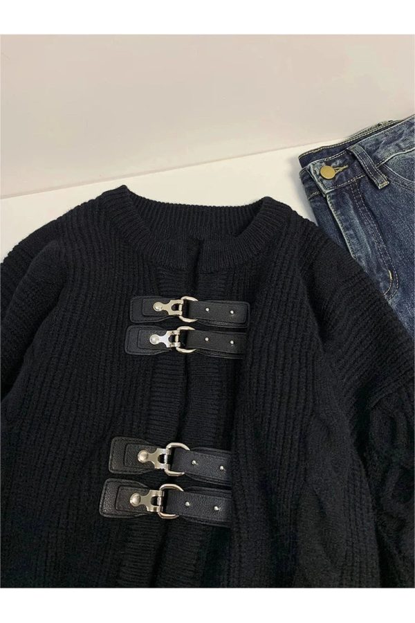 Cozy Fall Buckled Cable Knit Cropped Sweater for Y2K Aesthetic Style