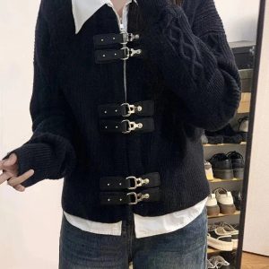 Cozy Fall Buckled Cable Knit Cropped Sweater for Y2K Aesthetic Style