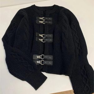 Cozy Fall Buckled Cable Knit Cropped Sweater for Y2K Aesthetic Style