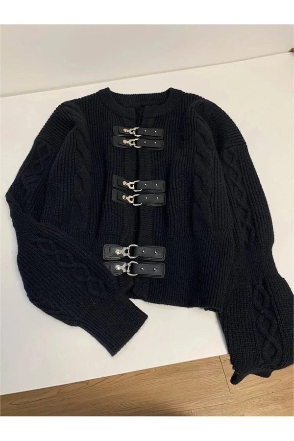 Cozy Fall Buckled Cable Knit Cropped Sweater for Y2K Aesthetic Style