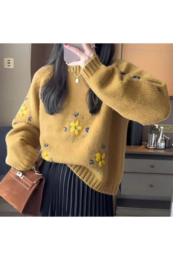 Cozy Fall Daisy Daydream Knit Sweater in Y2K Aesthetic Style