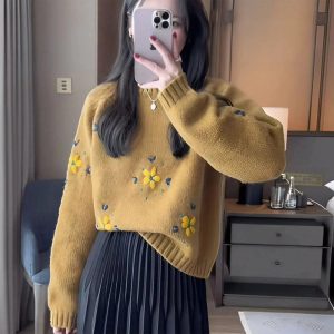 Cozy Fall Daisy Daydream Knit Sweater in Y2K Aesthetic Style