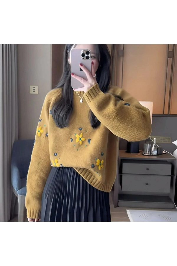 Cozy Fall Daisy Daydream Knit Sweater in Y2K Aesthetic Style