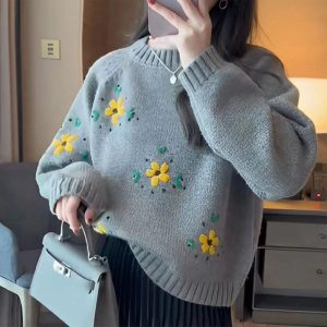 Cozy Fall Daisy Daydream Knit Sweater in Y2K Aesthetic Style