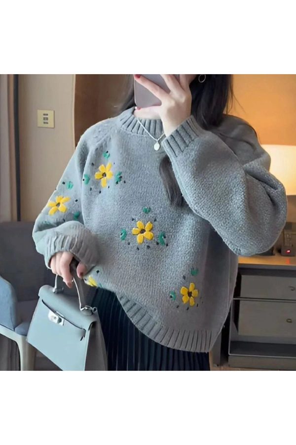 Cozy Fall Daisy Daydream Knit Sweater in Y2K Aesthetic Style