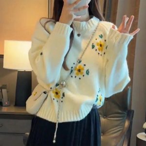 Cozy Fall Daisy Daydream Knit Sweater in Y2K Aesthetic Style