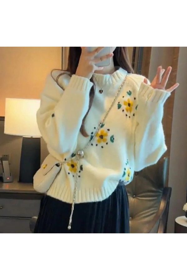 Cozy Fall Daisy Daydream Knit Sweater in Y2K Aesthetic Style