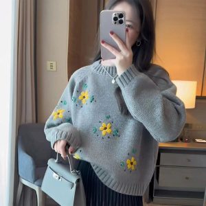 Cozy Fall Daisy Daydream Knit Sweater in Y2K Aesthetic Style